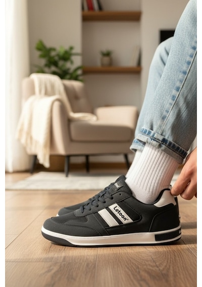 Enoch Erkek Fileli Günlük Spor Ayakkabı Şeritli Sneaker Klasik Kort Modeli Siyah