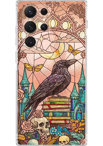 Printify Samsung Galaxy S22 Ultra İle Uyumlu Vitray Bilge Kuzgun Tasarımlı Şeffaf Silikon Kılıf Şeffaf