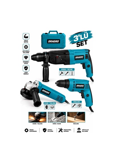 Dragro DRG-3L Çelik Şanzıman Elektrikli 3'lü Set M Matkap + Taşlama + Kırıcı Delici Hilti