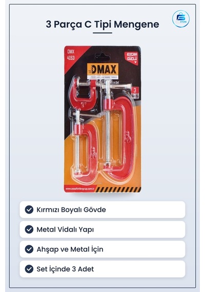 Mengene Seti 3 Parça C Tipi Kırmızı Ağaç İşi Sıkma Tutucu Ev Atöl