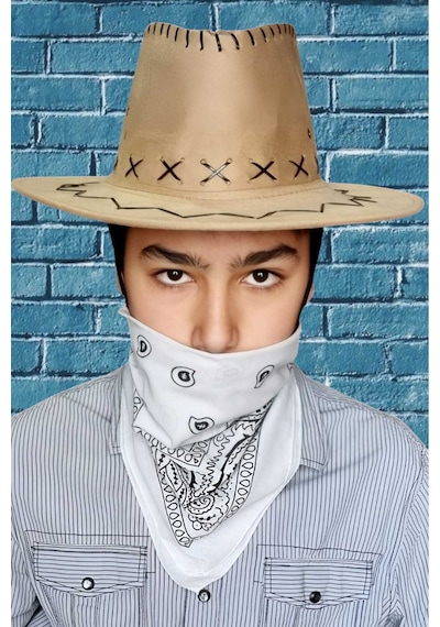 Uniquetrenders Çocuk Unisex Bandanalı Nubuk Kovboy Şapkası 8-14 Yaş Koyu Bej 1