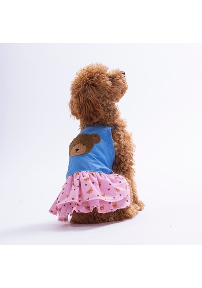Cozie Bear Denim Ayıcık Desenli Kot Kedi Köpek Elbisesi - Kedi Köpek Kıyafeti