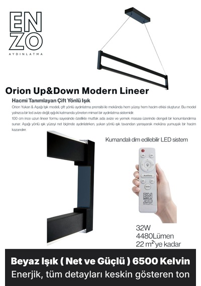 Orion Füme Lineer Led Sarkıt Avize Kumandalı Dim Edilebilir Yukarı & Aşağı Işık Beyaz Işık