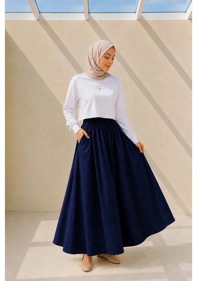 Kadın Lacivert Cepli Beli Lastikli Poplin Uzun Etek 90 Cm