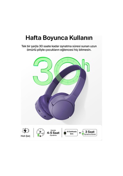 Belkin Soundform Mini Kablosuz Çocuk Kulaklığı, Entegre Mikrofonlu Ve Eğlenceli Çıkartmalı, 30 Saat Oynatma Ders, Tatil, iPhone, Apple iPad Uyumlu, Galaxy İçin Kulak Üstü Kulaklık, Lila