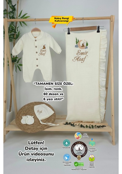 Gros Shop Müslin Yeni Doğan 4katlı Organik %100pamuk Kişiye Özgü Nakışlı Hastane Çıkış Seti Kurt Model-1 Ekru-2