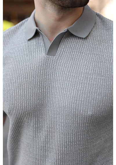 Madmext Gri Polo Yaka Regular Fit Erkek Triko Tişört E7496