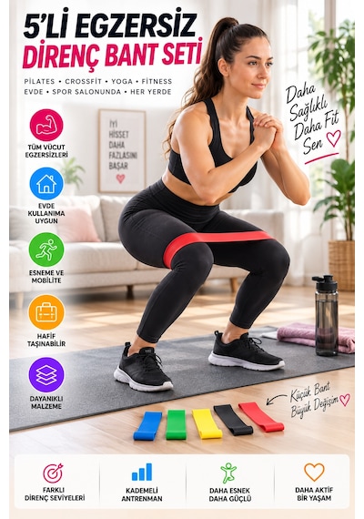5'li Egzersiz Direnç Bandı Seti Pilates Fitness Yoga Spor Lastiği Evde Antrenman & Egzersiz Ekipmanı Çok Renkli