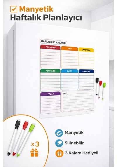 Haftalık Planlayıcı Magnet Silinebilir Mıknatıslı Yazı Tahtası Büyük Boy 35 50 Cm Ve 3 Kalem Diğer