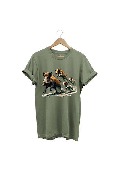 Avcılık Hunter Domuz Ve Av Köpekleri Baskılı Regular Fit Pamuk Haki T-shirt Haki