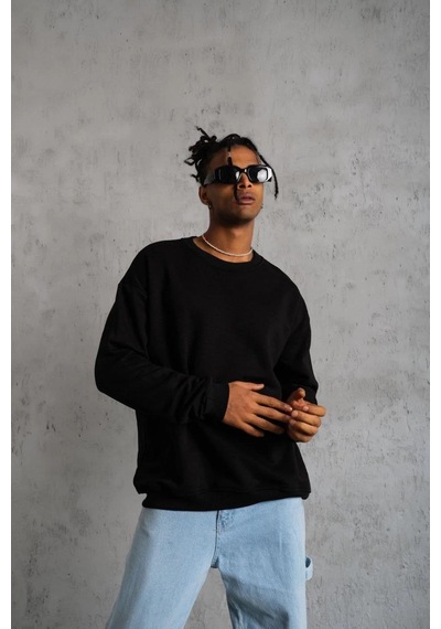 Barlashive Erkek Bisiklet Yaka Baskılı 3 İplik Pamuklu Sweatshirt - Siyah Çok Renkli