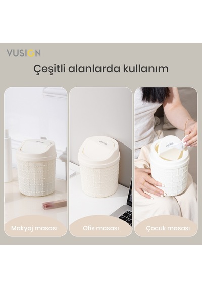 Vusıgn Mini Masaüstü Çöp Kutusu Hareketli Kapaklı 13 X 16,5 Cm Bej