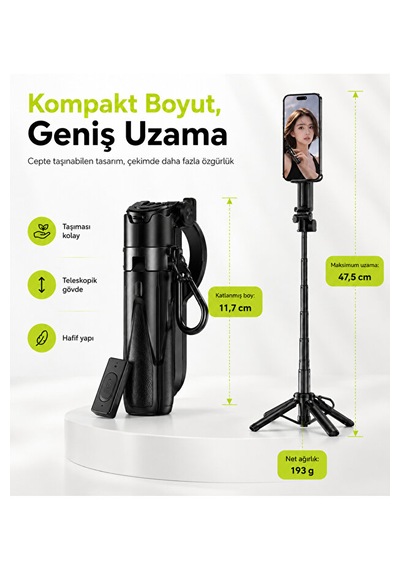 Bluetooth 5.2 Selfie Çubuğu Ve Tripod 47,5 Cm Teleskopik Uzaktan Kumandalı
