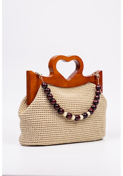 Fabric Craft Bag El Çantası Örgü Floş İplik Ahşap Saplı Açık Bej