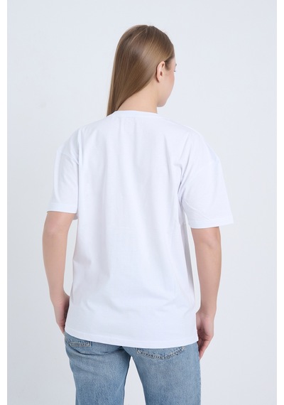 Kadın Oversize Baskılı T-shirt Beyaz Vintage Logo Beyaz