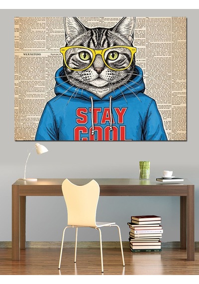 Gözlüklü Cool Kedi İllüstrasyon Tablo Dekoratif Kanvas - Mdf Ahşap Tablo