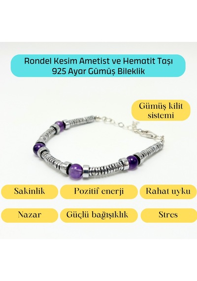 Yıldız Doğal Taş Rondel Kesim Ametist ve Hematit Doğal Taş Gümüş Bileklik 6 MM