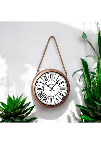 Halatlı Bakır Renkli Metal Çerçeveli Eskitme Duvar Saati 36 Cm Bakır
