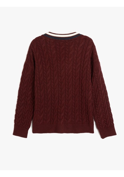 Koton Uzun Kollu Saç Örgü Kadın Oversize V Yaka Kazak Bordo 5wak90766ht Bordo