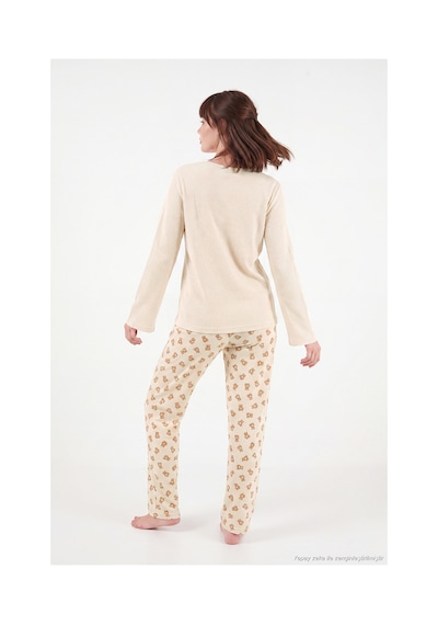Lela Yumuşak Dokulu Desenli Uzun Kollu Pijama Takımı Kadın Pijama Takımı 6575018 Krem