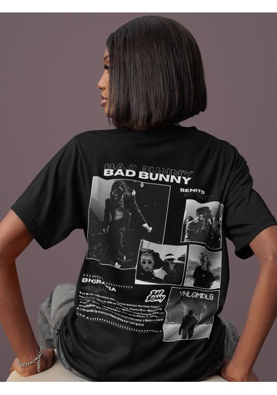 Sevbano Tasarım Bad Bunny Sırt Baskılı Unisex Oversize Rapper Şarkıcı Tiş Siyah