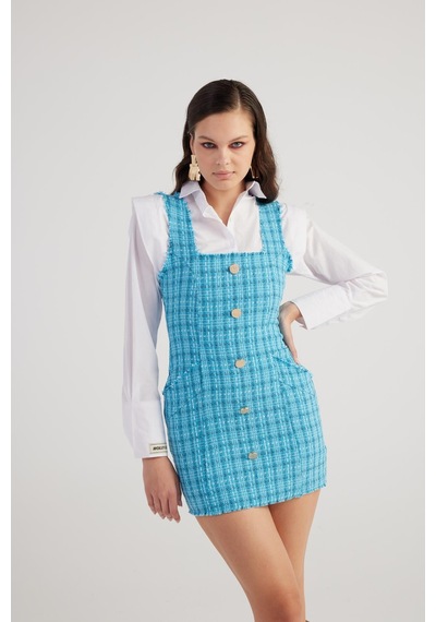 Holly Lolly Metal Düğme Detaylı Mini Tüvit Tweed Elbise Mavi