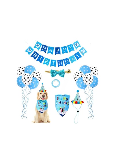 2 Adet Köpek Doğum Günü Parti Seti Mavi Balonlu Bandana