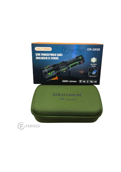 Or-g650 Ultra Güçlü Şarjlı El Feneri 2 Km Menzil, Powerbank Özellikli, Zoomlu Ve Özel Çantalı 200 Watt Siyah