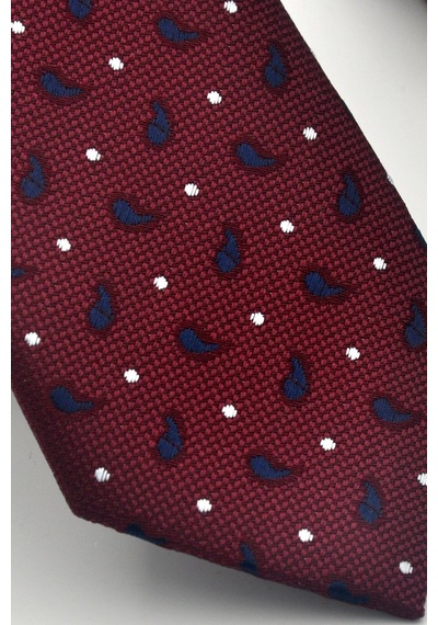 Gaffy Beyaz Lacivert Desenli Bordo Dokuma Kumaş Mendilli Slim Fit Kravat // Sdk-2612-4 Bordo