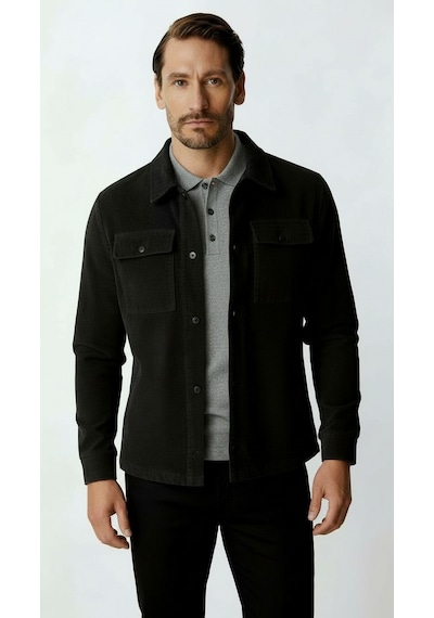 Siyah Kadife Erkek Mont Modern Hafif Mevsimlik Mont-25953