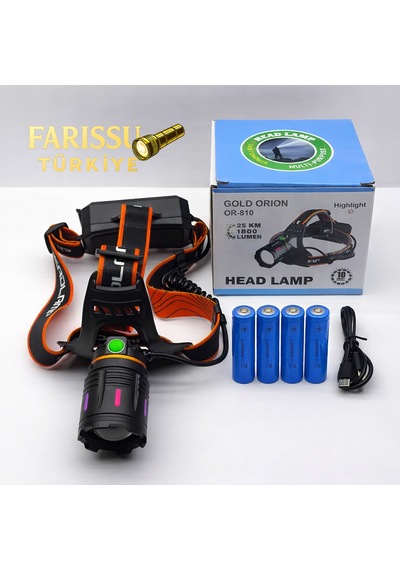 Farissu Gold Orion Or-810 25w Şarjlı Kafa Feneri 1800 Lümen 1 Km Aydınlatma 4 Adet Yedek 18650 Pil Siyah