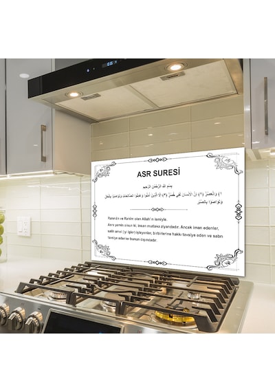 Decorita Cam Ocak Arkası Koruyucu Asr Suresi Beyaz Fon 49.5 x 76 CM