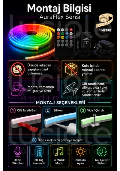 Onerous 1 M Rgb Neon Led Şerit, Müzik Kontrollü, 20 Tuş Kumandalı