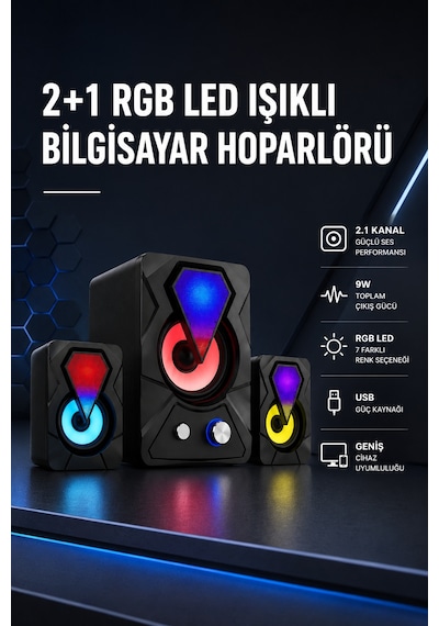 2+1 Rgb Led Işıklı Güçlü Bas Sistemli Bilgisayar Hoparlörü - Lisinya