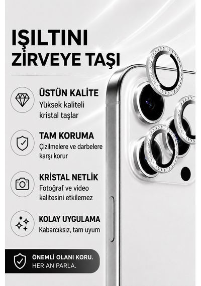 İphone 17 Pro / 17 Pro Max Uyumlu Taşlı Kamera Lens Koruyucu Gümüş