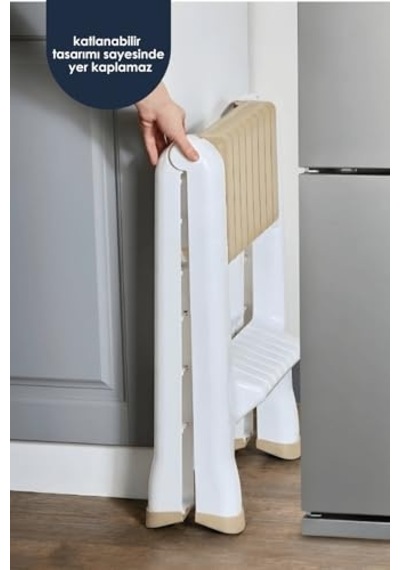 2 Katlı Katlanır Merdiven Tabure, Kaydırmaz Tabanlı, 200 Kg Kapasiteli Krem
