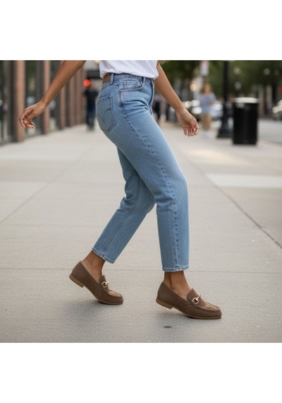 Ne&ve Shoes Vizon Süet Hakiki Deri Gold Zincir Aksesuarlı Kadın Loafer Ayakkabı