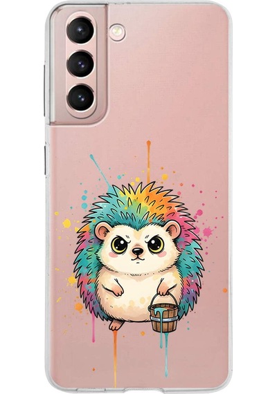 Samsung Galaxy S21 İle Uyumlu Splash Kirpi Tasarımlı Şeffaf Silikon Kılıf Şeffaf
