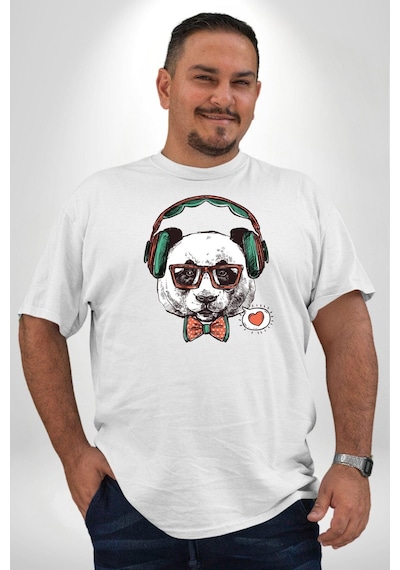 Angemiel Kulaklıklı Hipster Portre Panda Beyaz Büyük Beden Kadın Erkek Ünisex Basic Ön Baskılı Tişört Beyaz