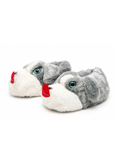 Modafocus Sevimli Köpek Figürlü Sessiz Kaydırmaz Taban Peluş Unisex Ev Pandufu Sevgili Kombin Terliği Gri