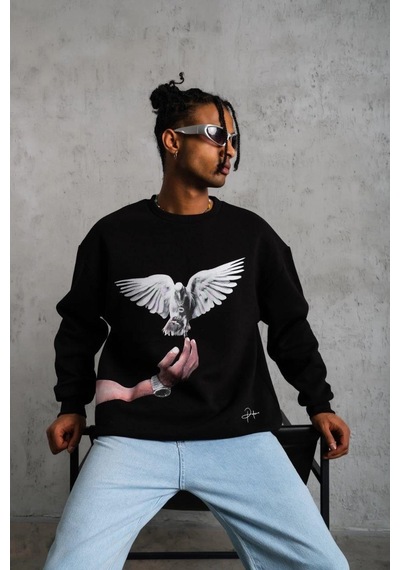 Barlashive Erkek Güvercin Baskılı 3 İplik Bisiklet Yaka İpamuklu Sweatshirt - Siyah Çok Renkli