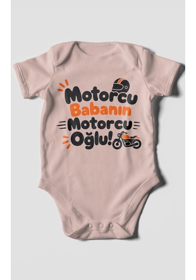 Morivokids Motorcu Babanın Motorcu Oğlu Kısa Kollu Bebek Body %100 Pamuk Pastel Pembe