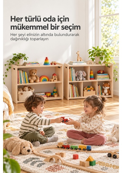 Vecta Montessori Huş Ahşap Oyuncak Dolabı Ve Çocuk Kitaplığı 2 Katlı, Çift Taraflı Açık Raf