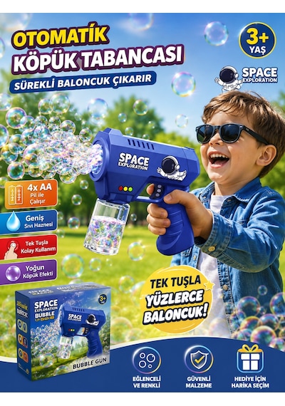Space Exploration Pilli Baloncuk Tabancası Otomatik Köpük Çıkaran Eğlence Tabancası Mavi