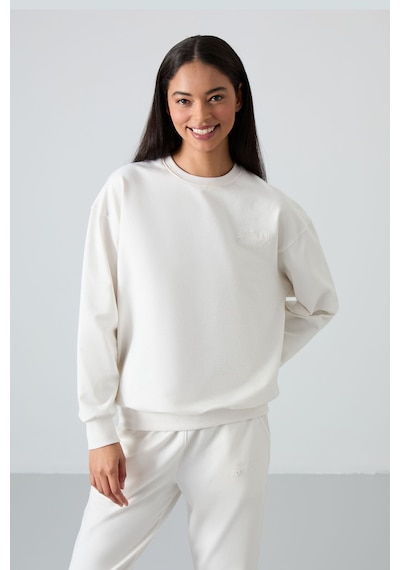 Tommy Life Ekru Basic Pamuklu O Yaka Oversize Lastik Paça Kadın Eşofman Takım - 95287 Ekru