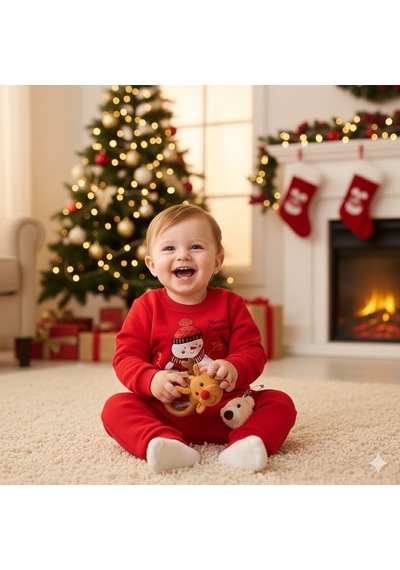 Miniko Kids Bebek Yılbaşı Noel Temalı Kardan Adam Baskılı Eşofman Takımı Kırmızı