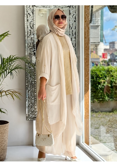 Bohem Stil Itayan Ipek Detaylı Oversize Kaftan- Pantolon Takım Krem
