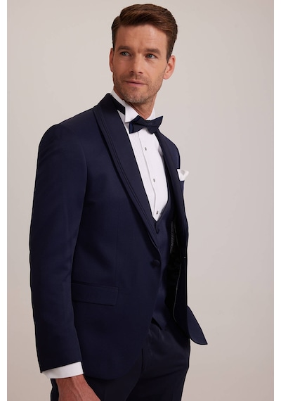 Ysf Erkek Lacivert Slim Fit Şal Yaka Yelekli Damatlık