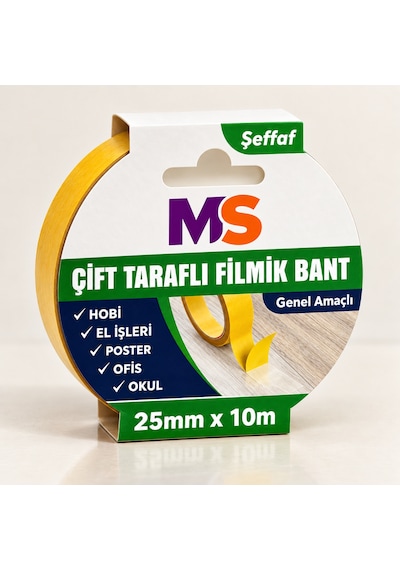 Çift Taraflı Filmik Şeffaf Bant 25 Mm X 10 Metre Yapışkanlı Hobi Bandı El Çok Amaçlı Bantları