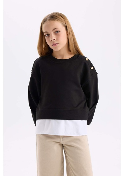 DeFacto Kız Çocuk Relax Fit Bisiklet Yaka Etek Ucu Detaylı Sweatshirt D0703A824AUBK81 Siyah